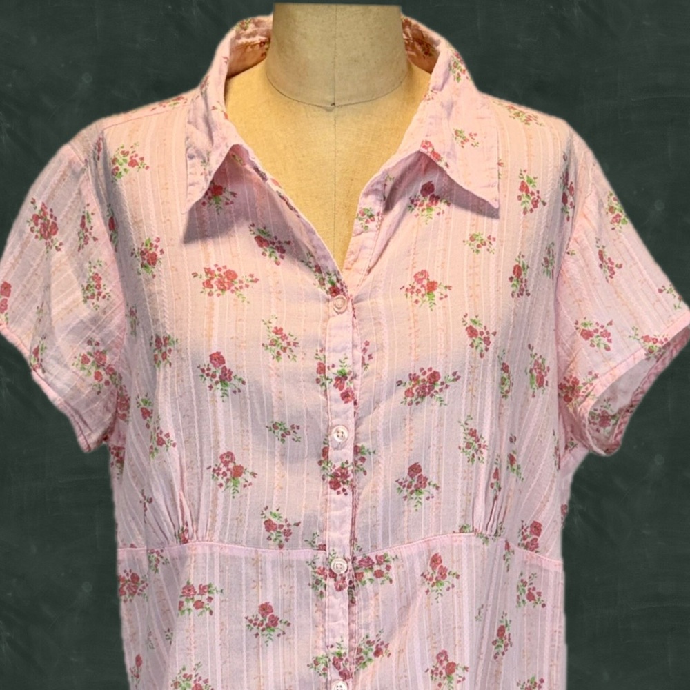 VINTAGE cottage rose floral button down blouse shirt short sleeve 100% cotton